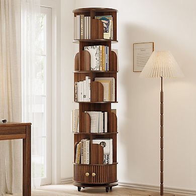 6-Tier Rotating Bookshelf with Square Cabinet, 360° Spinning Round Bookcase, Walnut