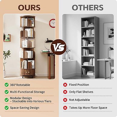 6-Tier Rotating Bookshelf with Square Cabinet, 360° Spinning Round Bookcase, Walnut