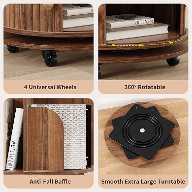 6-Tier Rotating Bookshelf with Square Cabinet, 360° Spinning Round Bookcase, Walnut