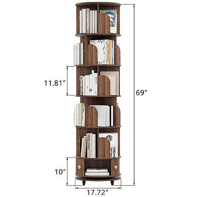6-Tier Rotating Bookshelf with Square Cabinet, 360° Spinning Round Bookcase, Walnut