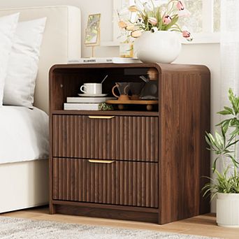 Mid Century Modern Nightstand with Charging Station, Fluted Walnut End Table with Gold Handles