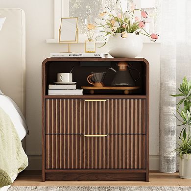 Mid Century Modern Nightstand with Charging Station, Fluted Walnut End Table with Gold Handles