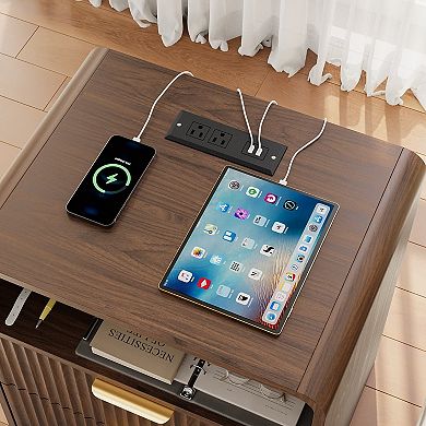 Mid Century Modern Nightstand with Charging Station, Fluted Walnut End Table with Gold Handles
