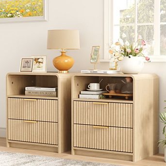 Set of 2 Mid Century Modern Nightstands with Charging Station, Fluted Oak End Tables