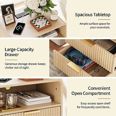 Set of 2 Mid Century Modern Nightstands with Charging Station, Fluted Oak End Tables