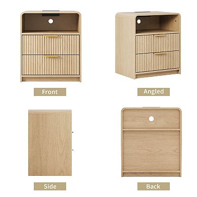 Set of 2 Mid Century Modern Nightstands with Charging Station, Fluted Oak End Tables