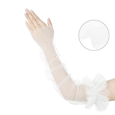 Women's Long Ruffle Tulle Cuff Sleeves Mesh Sheer Arm Cover for Wedding 1 Pair