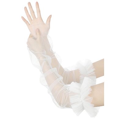 Women's Long Ruffle Tulle Cuff Sleeves Mesh Sheer Arm Cover for Wedding 1 Pair