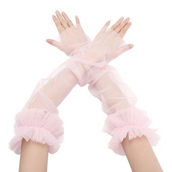 Women's Long Ruffle Tulle Cuff Sleeves Mesh Sheer Arm Cover for Wedding 1 Pair