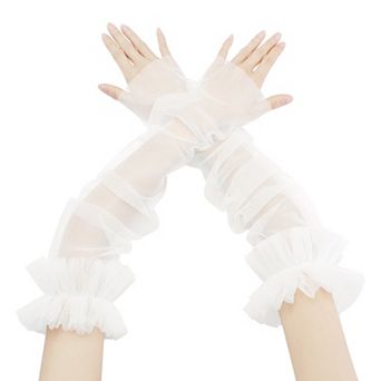 Women's Long Ruffle Tulle Cuff Sleeves Mesh Sheer Arm Cover for Wedding 1 Pair