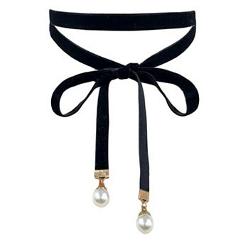 Women's Ribbon Velvet Long Double Layer Hand Tied Bow Tie with Beads