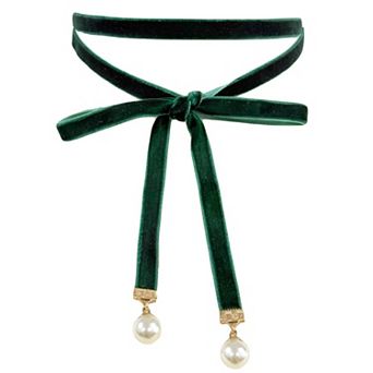 Women's Ribbon Velvet Long Double Layer Hand Tied Bow Tie with Beads