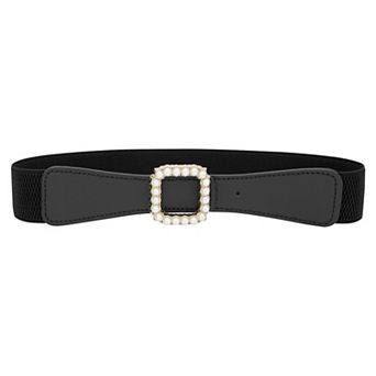 Women's Wide Pearl Metal Fastener Thick Trimmed Stretchy Waistband for Dresses