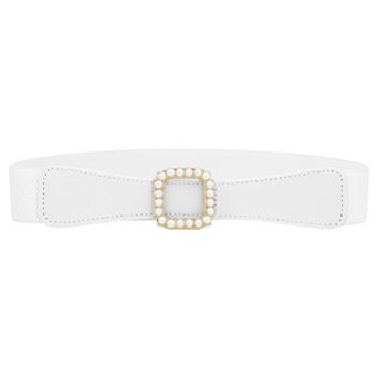 Women's Wide Pearl Metal Fastener Thick Trimmed Stretchy Waistband for Dresses