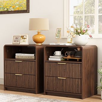 Set of 2 Mid Century Modern Nightstands with Charging Station, Fluted Walnut End Tables