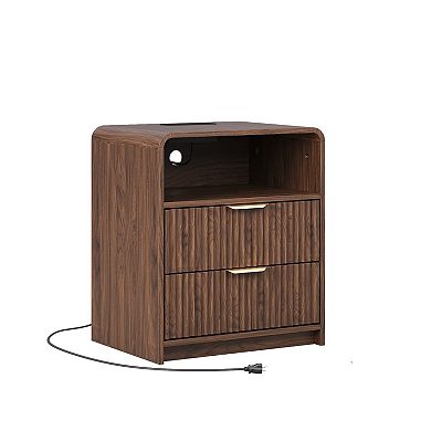 Set of 2 Mid Century Modern Nightstands with Charging Station, Fluted Walnut End Tables