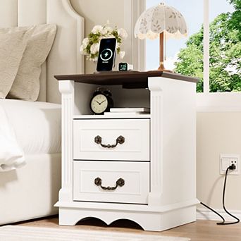 Farmhouse Nightstand with Charging Station, Rustic White Bedside Table with 2 Drawers & USB Ports