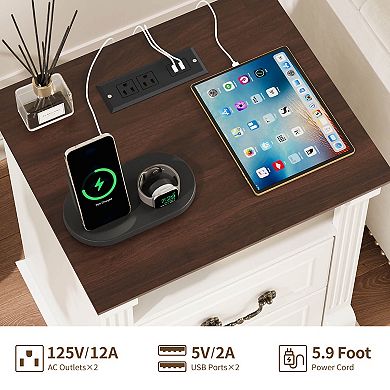 Farmhouse Nightstand with Charging Station, Rustic White Bedside Table with 2 Drawers & USB Ports