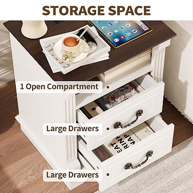 Farmhouse Nightstand with Charging Station, Rustic White Bedside Table with 2 Drawers & USB Ports