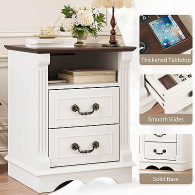 Farmhouse Nightstand with Charging Station, Rustic White Bedside Table with 2 Drawers & USB Ports