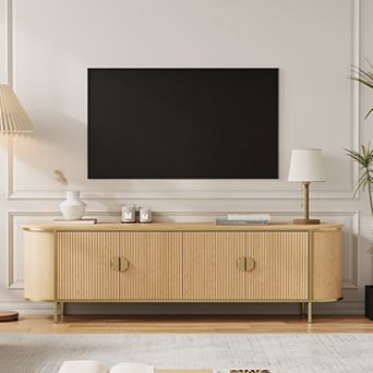 70" Mid Century Modern TV Stand, Fluted Media Console with Golden Legs & Handles, Light Oak