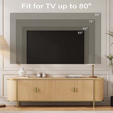 70" Mid Century Modern TV Stand, Fluted Media Console with Golden Legs & Handles, Light Oak