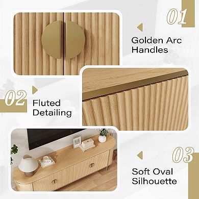 70" Mid Century Modern TV Stand, Fluted Media Console with Golden Legs & Handles, Light Oak