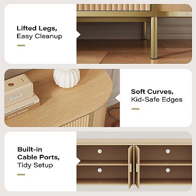 70" Mid Century Modern TV Stand, Fluted Media Console with Golden Legs & Handles, Light Oak