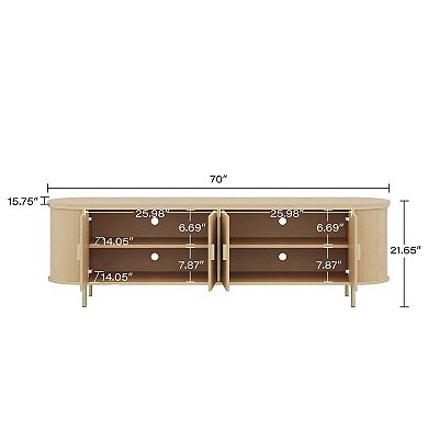 70" Mid Century Modern TV Stand, Fluted Media Console with Golden Legs & Handles, Light Oak