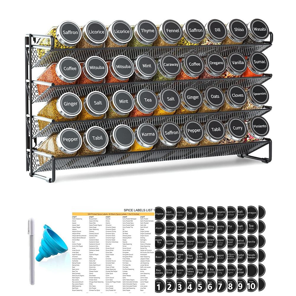 4-Tier Spice Rack Set with 36 Jars, 386 Labels, Funnel & Marker