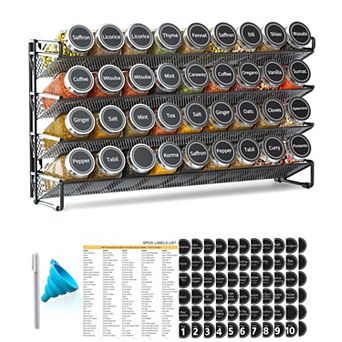 4 tier Spice Rack Set with 36 Jars, 386 Labels, Funnel & Marker