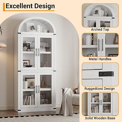 72'' Arched Bookcase, 4 Tier Display Bookshelf Storage Cabinet with Glass Doors and Metal Handle