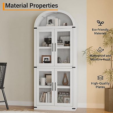 72'' Arched Bookcase, 4 Tier Display Bookshelf Storage Cabinet with Glass Doors and Metal Handle