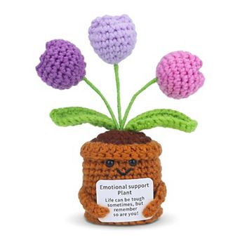 Handmade Crochet Puffy Tulip, Knitted Potted Plant for Desk Decor, Cute Fake Flower 2.3"L x 4.3"H