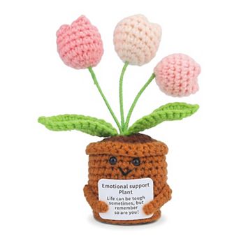 Handmade Crochet Puffy Tulip, Knitted Potted Plant for Desk Decor, Cute Fake Flower 2.3"L x 4.3"H