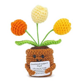 Handmade Crochet Puffy Tulip, Knitted Potted Plant for Desk Decor, Cute Fake Flower 2.3"L x 4.3"H