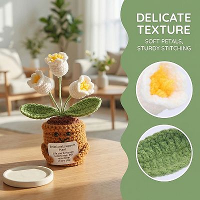 Handmade Crochet Lily of the Valley,3-Head Knitted Potted Plant