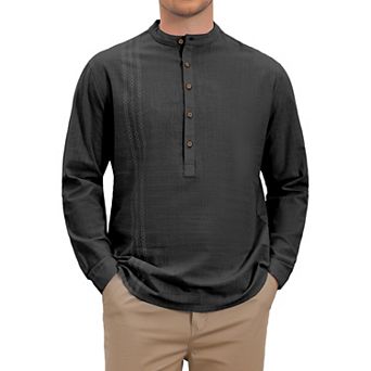Men's Linen Henley Shirt Long Sleeves Band Collar Printed Casual Beach Shirts