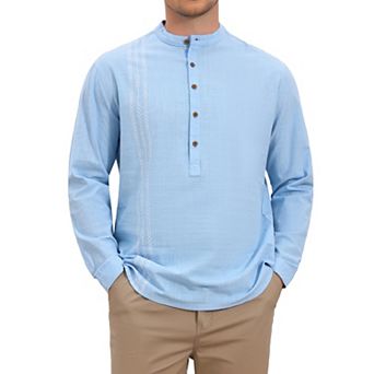 Men's Linen Henley Shirt Long Sleeves Band Collar Printed Casual Beach Shirts