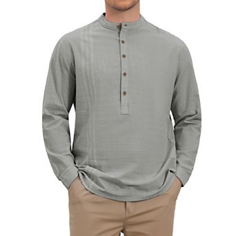 Men's Linen Henley Shirt Long Sleeves Band Collar Printed Casual Beach Shirts