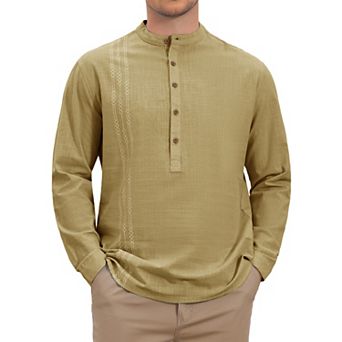 Men's Linen Henley Shirt Long Sleeves Band Collar Printed Casual Beach Shirts