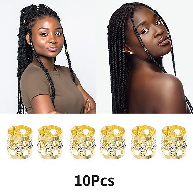 Hollow Rhinestone Hair Cuffs Dreadlock Gold Tone 10 Pcs