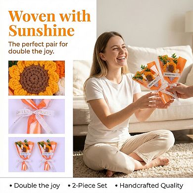 Handmade Crochet Potted Flowers, Tiny Knitted Bouquet for Aesthetic Desk Decor 3.5"L x 5.9"H