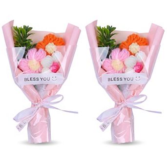 Handmade Crochet Potted Flowers, Tiny Knitted Bouquet for Aesthetic Desk Decor 3.5"L x 5.9"H