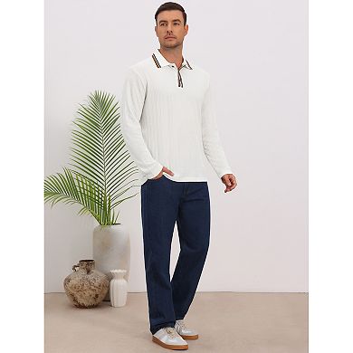 Men's Casual Contrast Button Collared Long Sleeves Jacquard Polo T-Shirts
