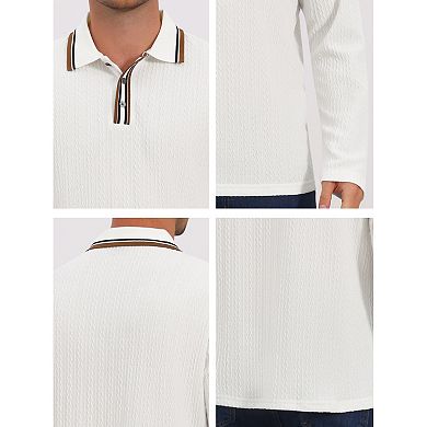 Men's Casual Contrast Button Collared Long Sleeves Jacquard Polo T-Shirts