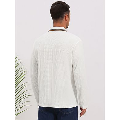 Men's Casual Contrast Button Collared Long Sleeves Jacquard Polo T-Shirts