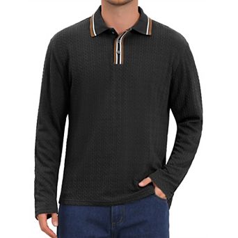 Men's Casual Contrast Button Collared Long Sleeves Jacquard Polo T-Shirts