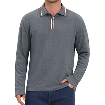 Men's Casual Contrast Button Collared Long Sleeves Jacquard Polo T-Shirts