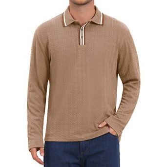 Men's Casual Contrast Button Collared Long Sleeves Jacquard Polo T-Shirts